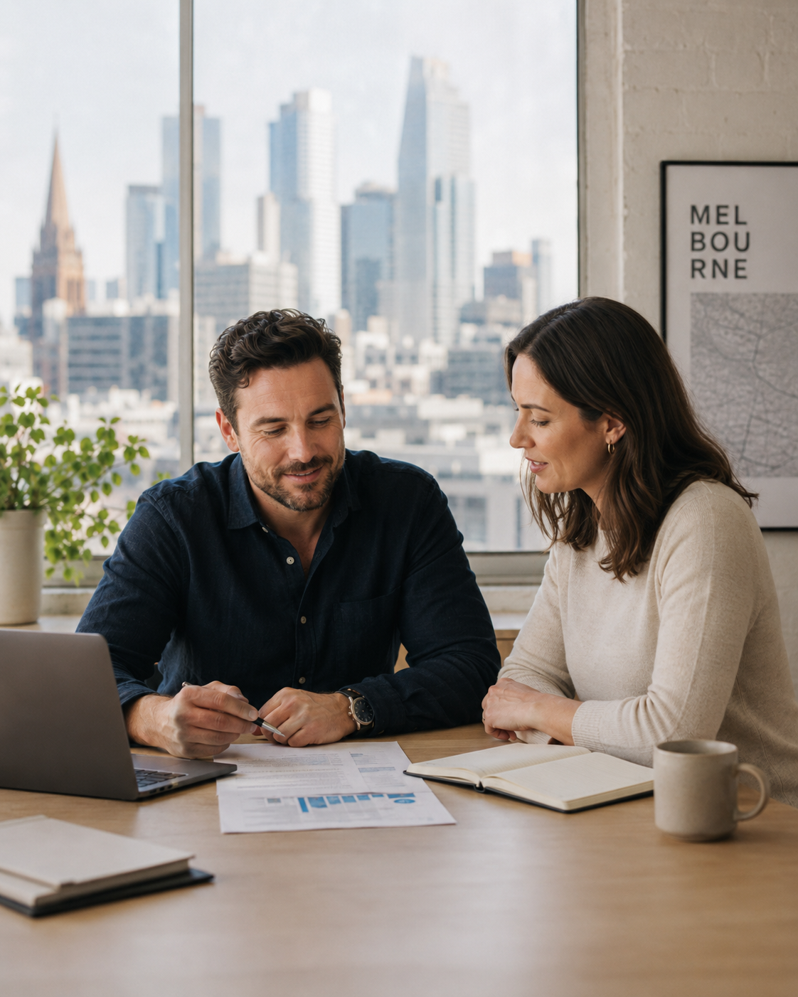 Northbridge Accounting advisor working with a client at a meeting table in a professional Melbourne office